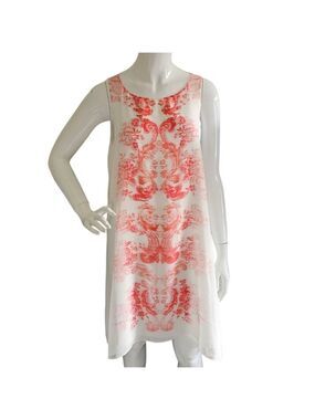 MAX STUDIO Mid Length Sheer Abstract Print White & Red Sleeveless Dress Size Med